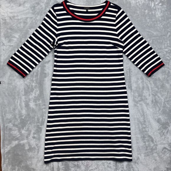 Talbots Women’s Large Navy White Stripe Red Trim Knit Shift Dress Cotton - Picture 1 of 7
